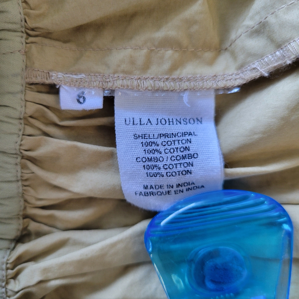 ULLA JOHNSON Lulu Beige Smocked Ruched Ruffle Tie Peplum Top Sz 6 Revolve Khaki - Picture 9 of 9